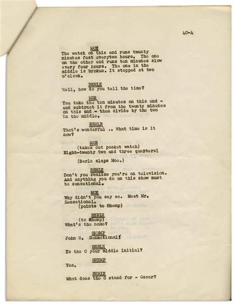Moe Howard's 7pp. Script for an Appearance by The Three Stooges on Milton Berle's ''Texaco Star Theatre'' -- Likely for Their 10 October 1950 Appearance -- Very Good Condition